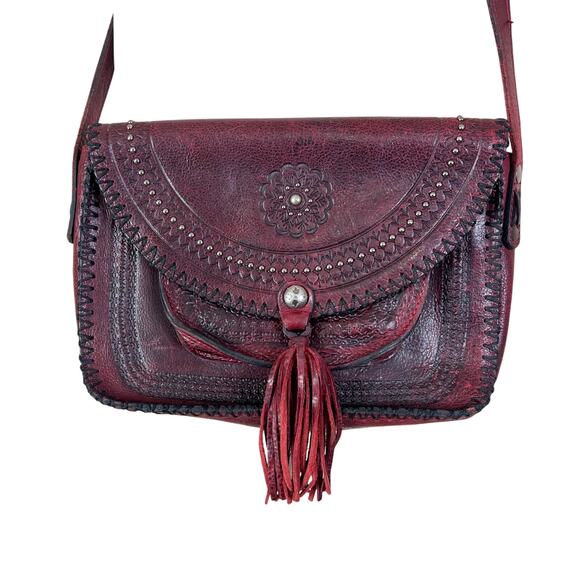 Patricia Nash | Beaumont Burgundy Red Leather Tassel Western Crossbody Purse Bag - Picture 1 of 9